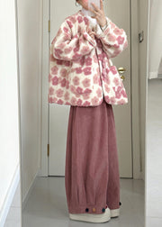 Fashion Pink Pockets Mink Velvet Coats And Wide Leg Pants Two Piece Set Winter