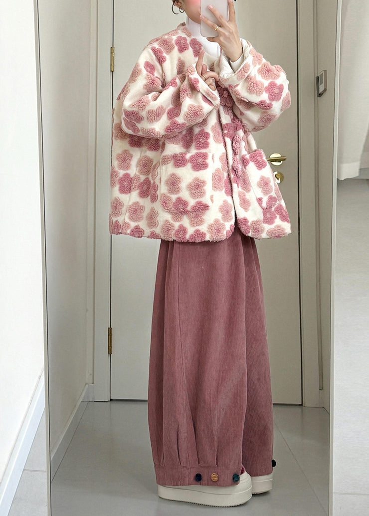 Fashion Pink Pockets Mink Velvet Coats And Wide Leg Pants Two Piece Set Winter
