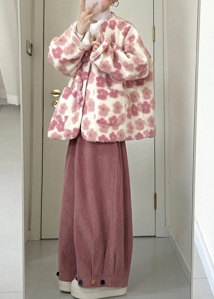 Fashion Pink Pockets Mink Velvet Coats And Wide Leg Pants Two Piece Set Winter