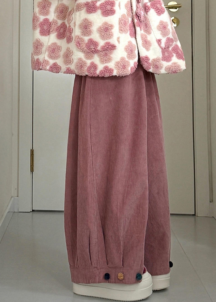 Fashion Pink Pockets Mink Velvet Coats And Wide Leg Pants Two Piece Set Winter