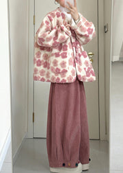 Fashion Pink Pockets Mink Velvet Coats And Wide Leg Pants Two Piece Set Winter