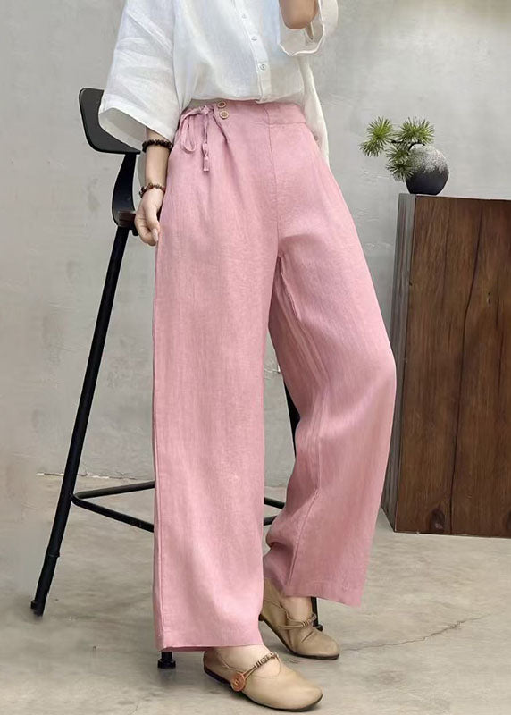 Fashion Pink Side Tie Waist Linen Pants Summer