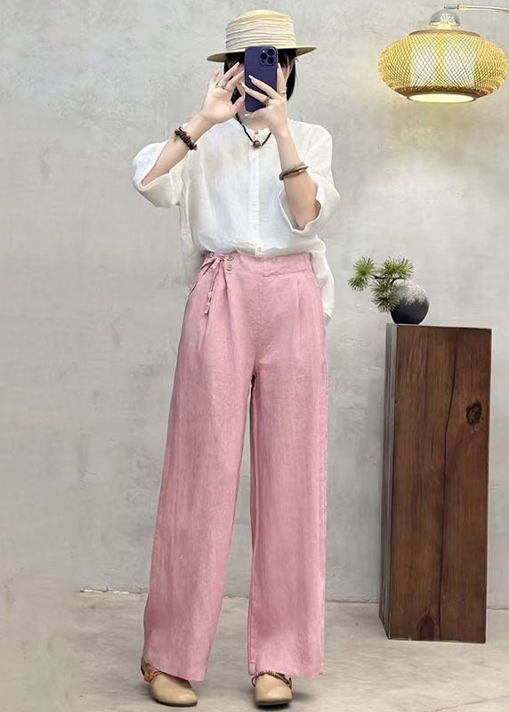 Fashion Pink Side Tie Waist Linen Pants Summer