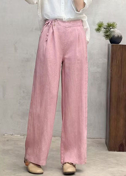 Fashion Pink Side Tie Waist Linen Pants Summer