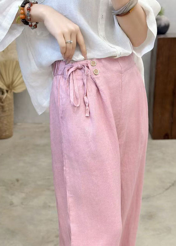 Fashion Pink Side Tie Waist Linen Pants Summer