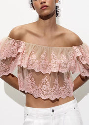 Fashion Pink Slash Neck Ruffled Embroidered Tulle Top Summer
