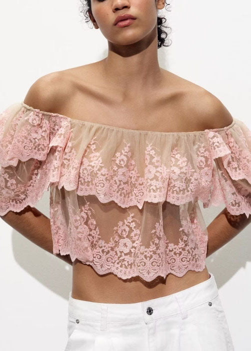 Fashion Pink Slash Neck Ruffled Embroidered Tulle Top Summer