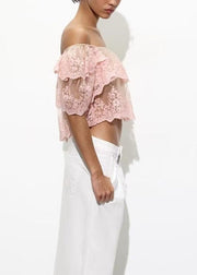 Fashion Pink Slash Neck Ruffled Embroidered Tulle Top Summer