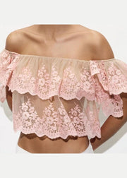 Fashion Pink Slash Neck Ruffled Embroidered Tulle Top Summer
