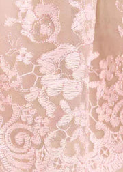 Fashion Pink Slash Neck Ruffled Embroidered Tulle Top Summer