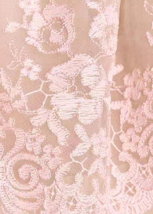 Fashion Pink Slash Neck Ruffled Embroidered Tulle Top Summer