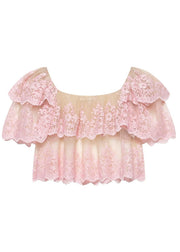 Fashion Pink Slash Neck Ruffled Embroidered Tulle Top Summer