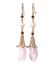 Fashion Pink Sterling Silver Peatl Coloured Glazes Floral Drop Earrings