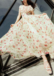 Fashion Pink V Neck Print Chiffon Exra Large Hem Dress Summer