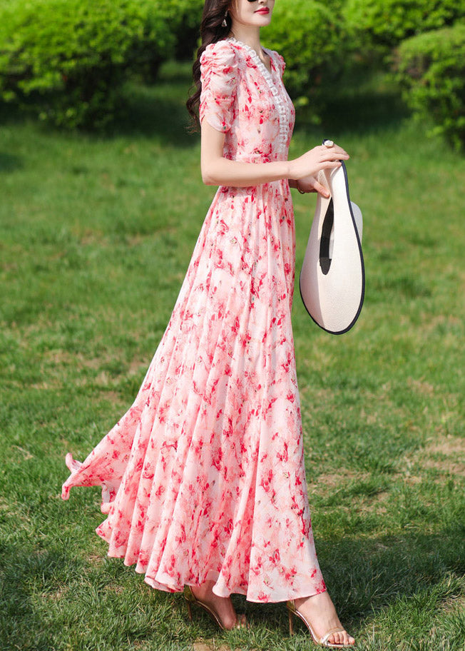 Fashion Pink V Neck Print Wrinkled Chiffon Long Dresses Summer