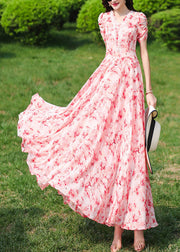 Fashion Pink V Neck Print Wrinkled Chiffon Long Dresses Summer