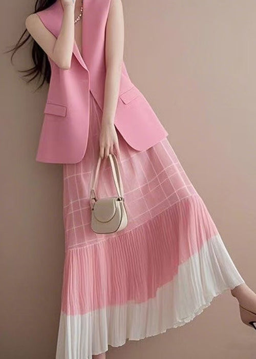 Fashion Pink V Neck Waistcoat And Wrinkled Skirts Two Pieces Set Sleeveless