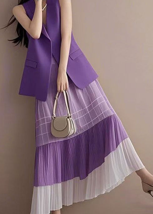 Fashion Pink V Neck Waistcoat And Wrinkled Skirts Two Pieces Set Sleeveless