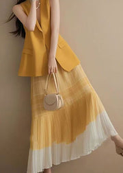 Fashion Pink V Neck Waistcoat And Wrinkled Skirts Two Pieces Set Sleeveless