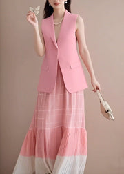 Fashion Pink V Neck Waistcoat And Wrinkled Skirts Two Pieces Set Sleeveless