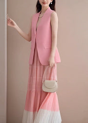Fashion Pink V Neck Waistcoat And Wrinkled Skirts Two Pieces Set Sleeveless