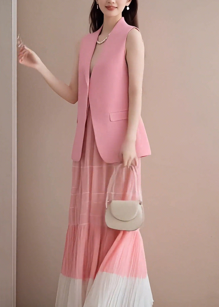 Fashion Pink V Neck Waistcoat And Wrinkled Skirts Two Pieces Set Sleeveless