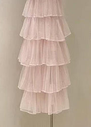 Fashion Pink Zircon High Waist Solid Tulle Long Dress Sleeveless