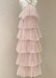 Fashion Pink Zircon High Waist Solid Tulle Long Dress Sleeveless