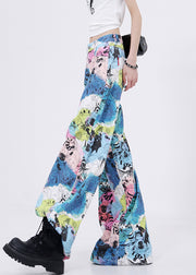Fashion Pockets Cartoon Print Denim Wide Leg Pants Fall