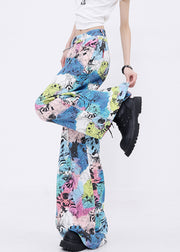 Fashion Pockets Cartoon Print Denim Wide Leg Pants Fall