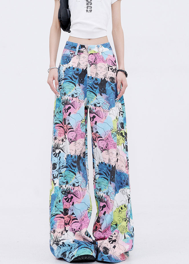 Fashion Pockets Cartoon Print Denim Wide Leg Pants Fall