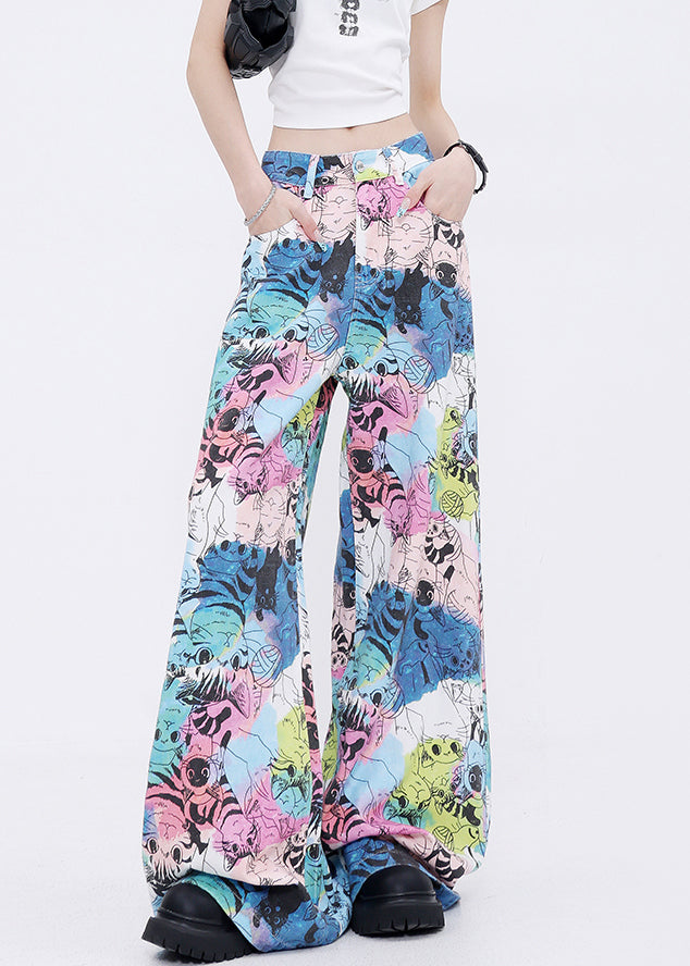 Fashion Pockets Cartoon Print Denim Wide Leg Pants Fall