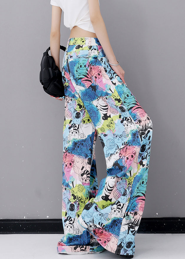 Fashion Pockets Cartoon Print Denim Wide Leg Pants Fall