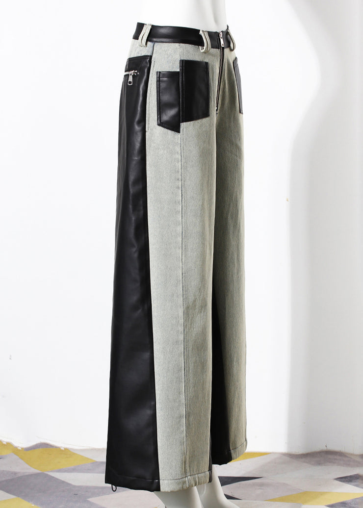 Fashion Pockets Faux Leather Patchwork Denim Wide Leg Pants Fall
