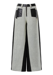 Fashion Pockets Faux Leather Patchwork Denim Wide Leg Pants Fall