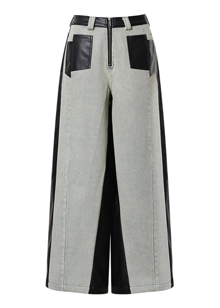 Fashion Pockets Faux Leather Patchwork Denim Wide Leg Pants Fall