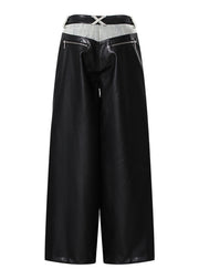 Fashion Pockets Faux Leather Patchwork Denim Wide Leg Pants Fall