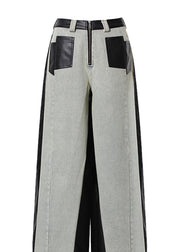 Fashion Pockets Faux Leather Patchwork Denim Wide Leg Pants Fall