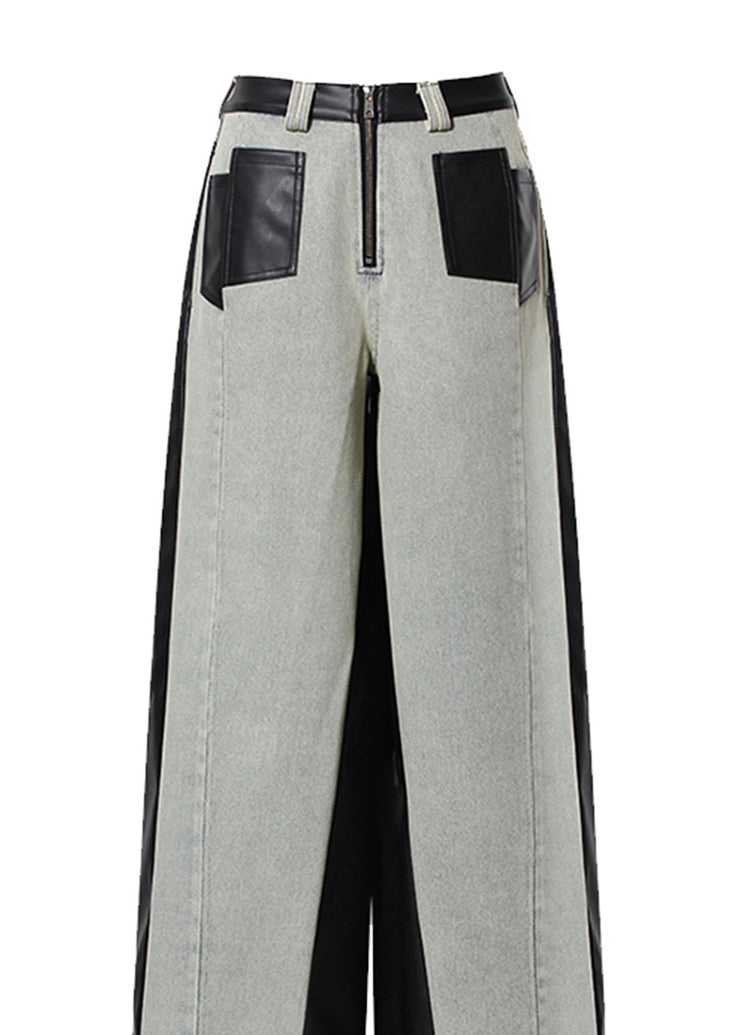 Fashion Pockets Faux Leather Patchwork Denim Wide Leg Pants Fall