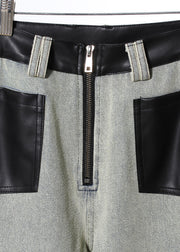 Fashion Pockets Faux Leather Patchwork Denim Wide Leg Pants Fall