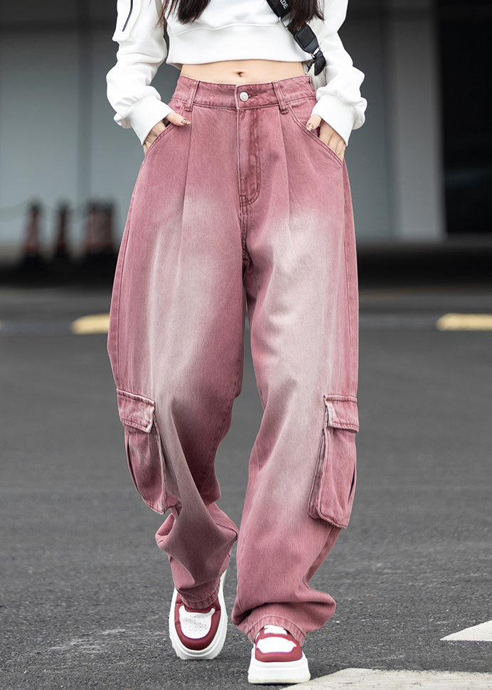 Fashion Pockets Patchwork Denim Wide Leg Pants Fall