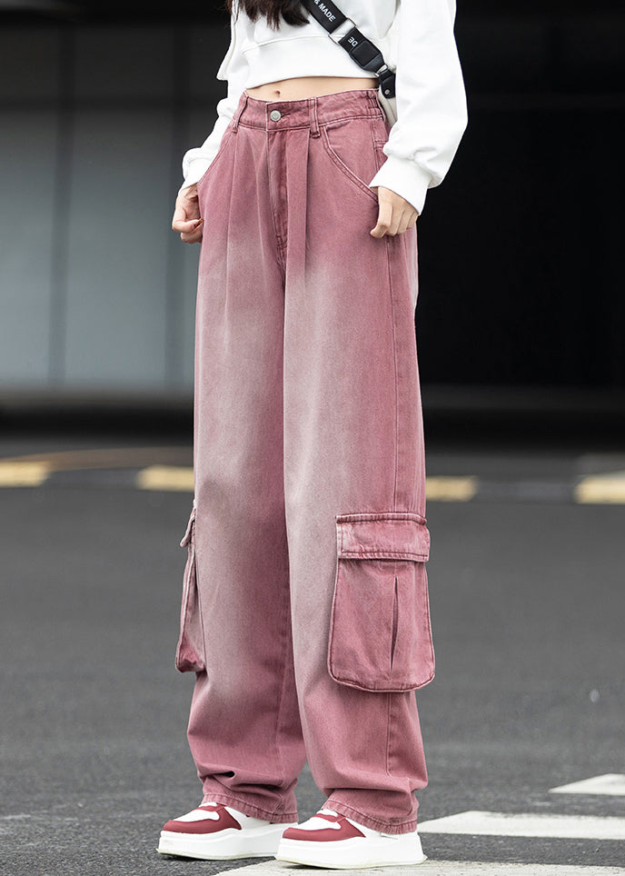 Fashion Pockets Patchwork Denim Wide Leg Pants Fall