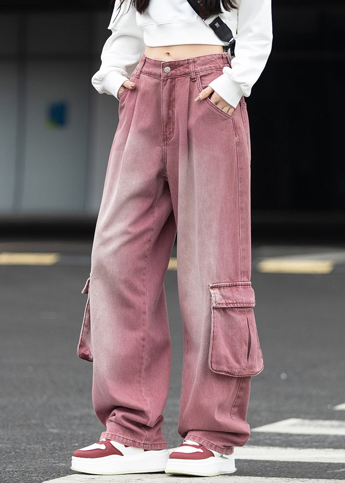 Fashion Pockets Patchwork Denim Wide Leg Pants Fall