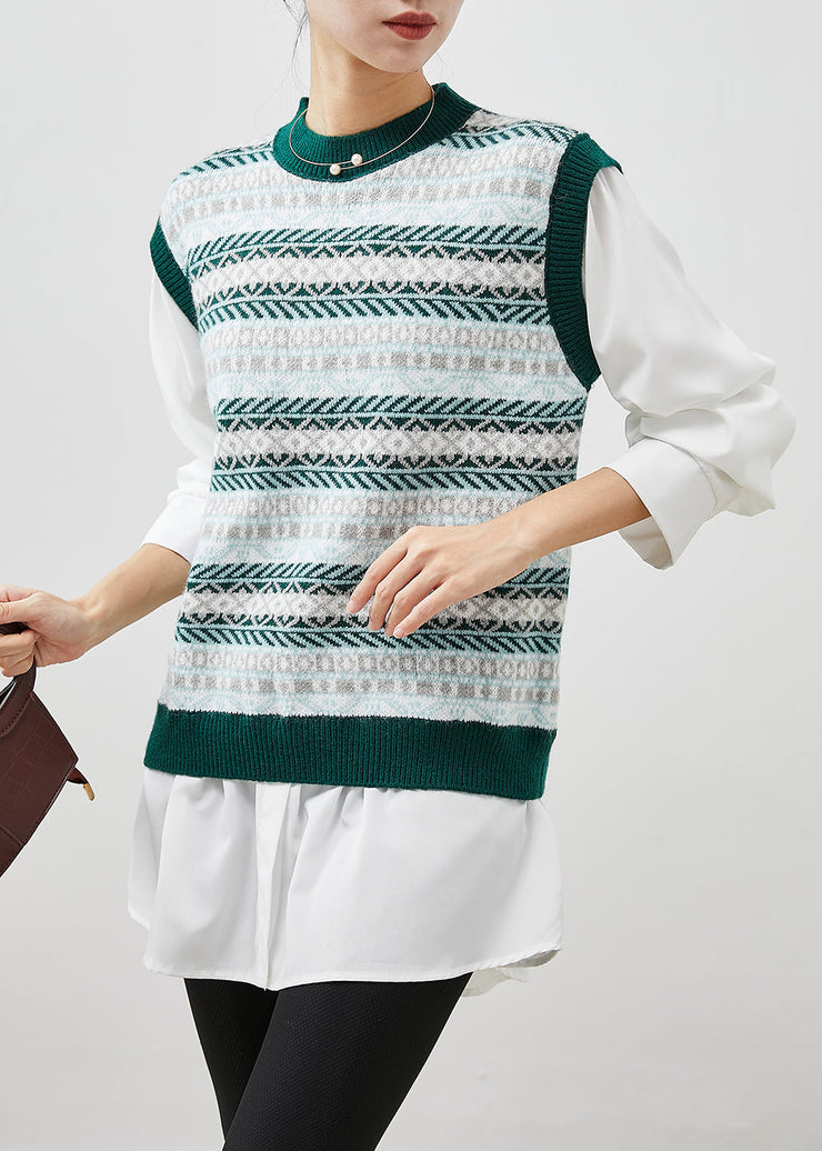 Fashion Print Patchwork Knit Fake Two Piece Blouses Spring