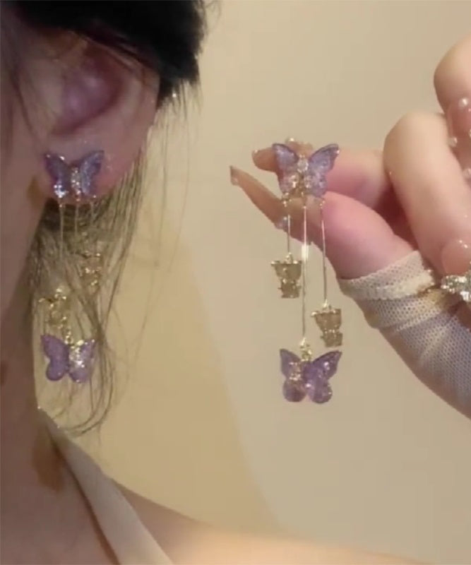 Fashion Purple Copper Alloy Zircon Crystal Butterfly Tassel Drop Earrings