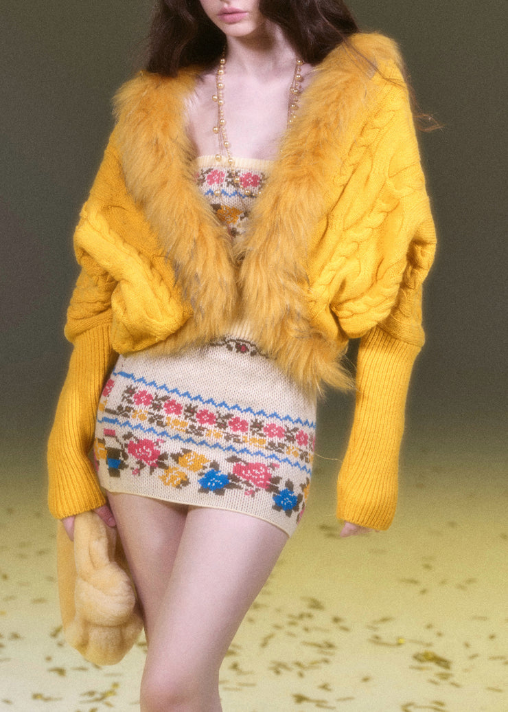 Fashion Purple Fur Collar Patchwork Cotton Knit Cardigans Lantern Sleeve