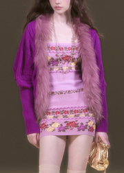 Fashion Purple Fur Collar Patchwork Cotton Knit Cardigans Lantern Sleeve