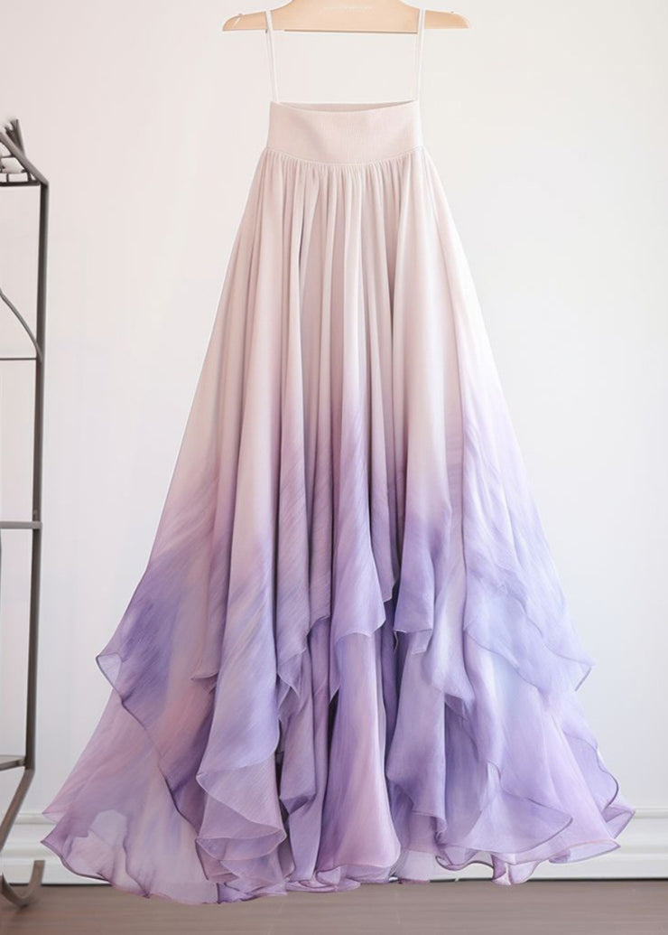Fashion Purple Gradient Color High Waist Chiffon Skirts Summer
