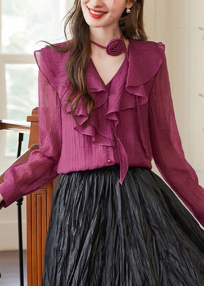Fashion Purple V Neck Ruffled Patchwork Removable Floral Shirts Fall