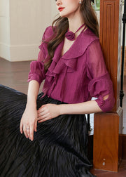 Fashion Purple V Neck Ruffled Patchwork Removable Floral Shirts Fall